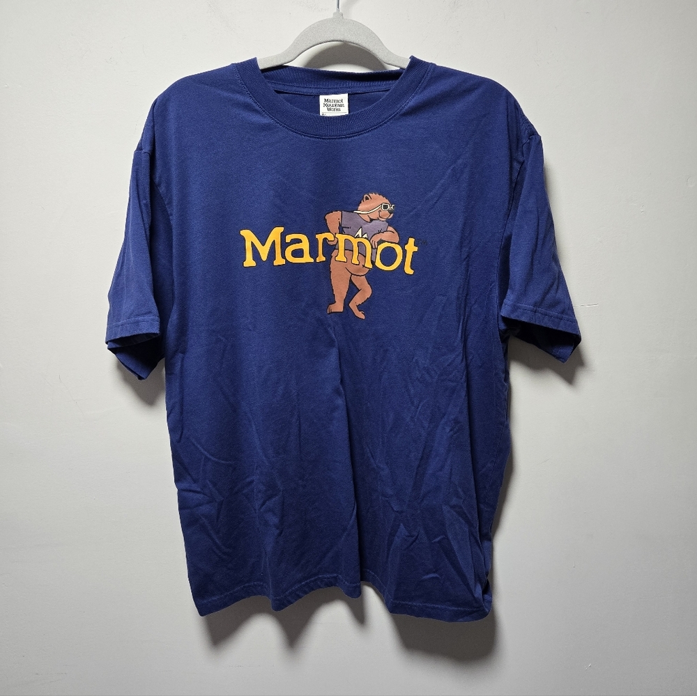 Marmot Mountain Works Marty Bear Logo Spellout Blue T-Shirt Size XL Unisex